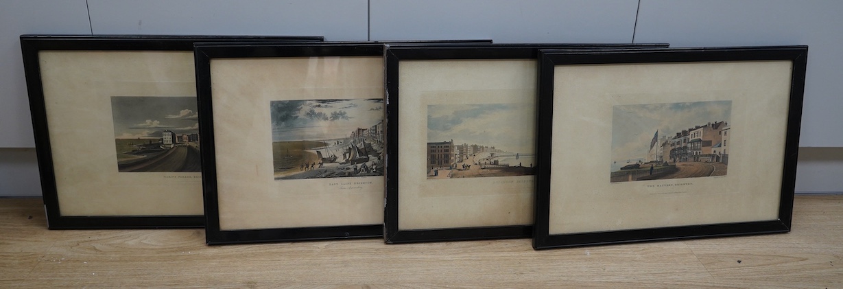 Four 19th century, hand coloured engravings, Brighton views including ‘East Cliff, Brighton, Storm Approaching’, published by C & R Sicklemore, and ‘The Battery, Brighton’, 32 x 48cm. Condition - poor